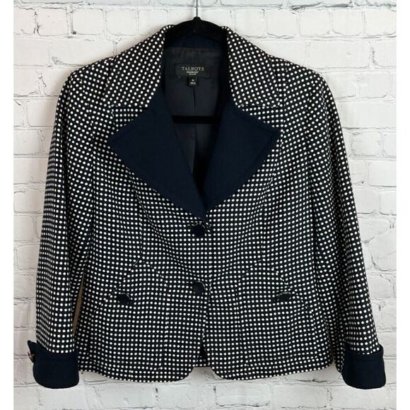 TALBOTS PETITES blue white polka dot collared classic jacket blazer size 4P - Picture 1 of 8